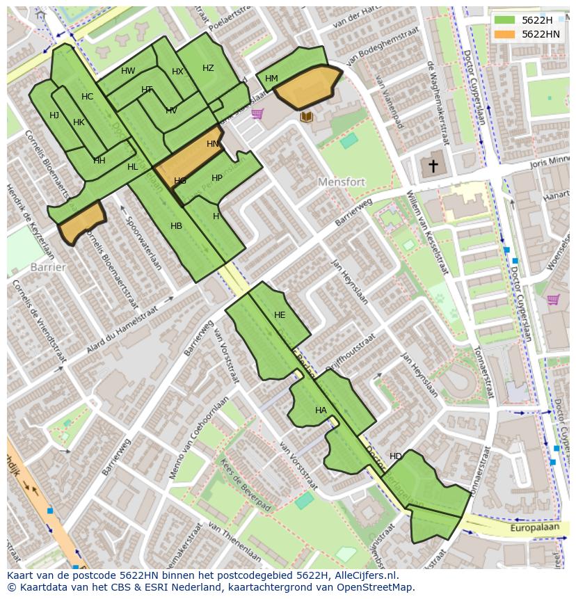 Afbeelding van het postcodegebied 5622 HN op de kaart.