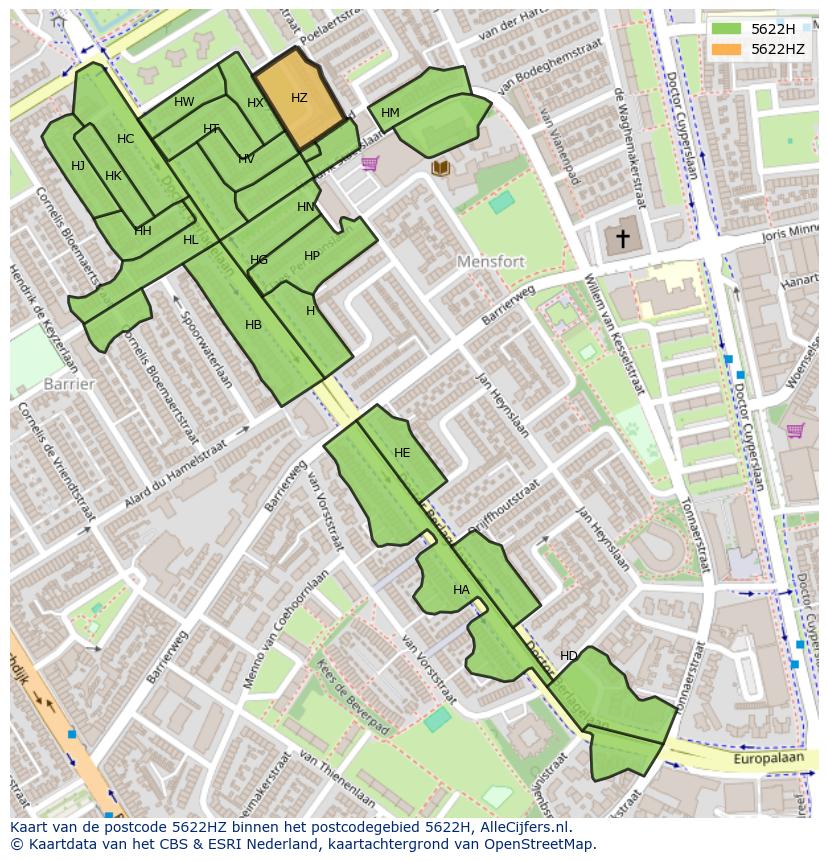 Afbeelding van het postcodegebied 5622 HZ op de kaart.