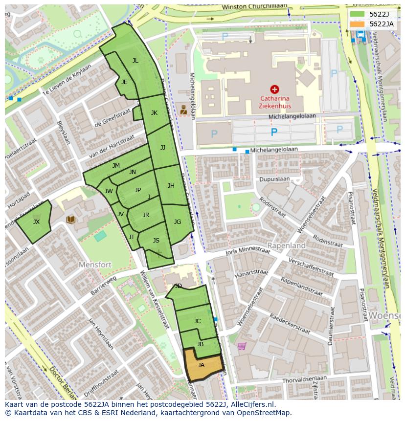 Afbeelding van het postcodegebied 5622 JA op de kaart.