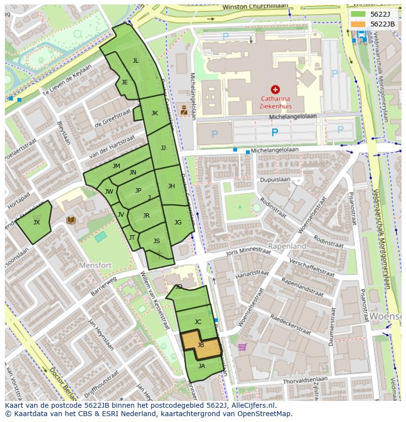 Afbeelding van het postcodegebied 5622 JB op de kaart.