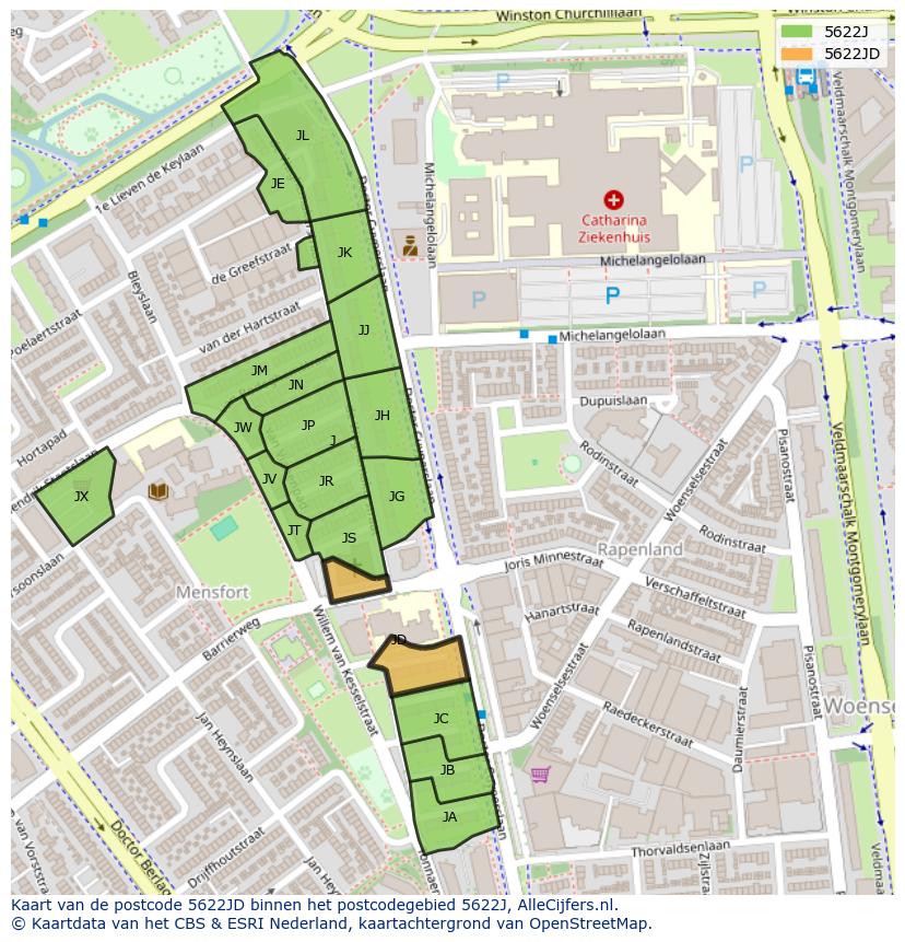 Afbeelding van het postcodegebied 5622 JD op de kaart.