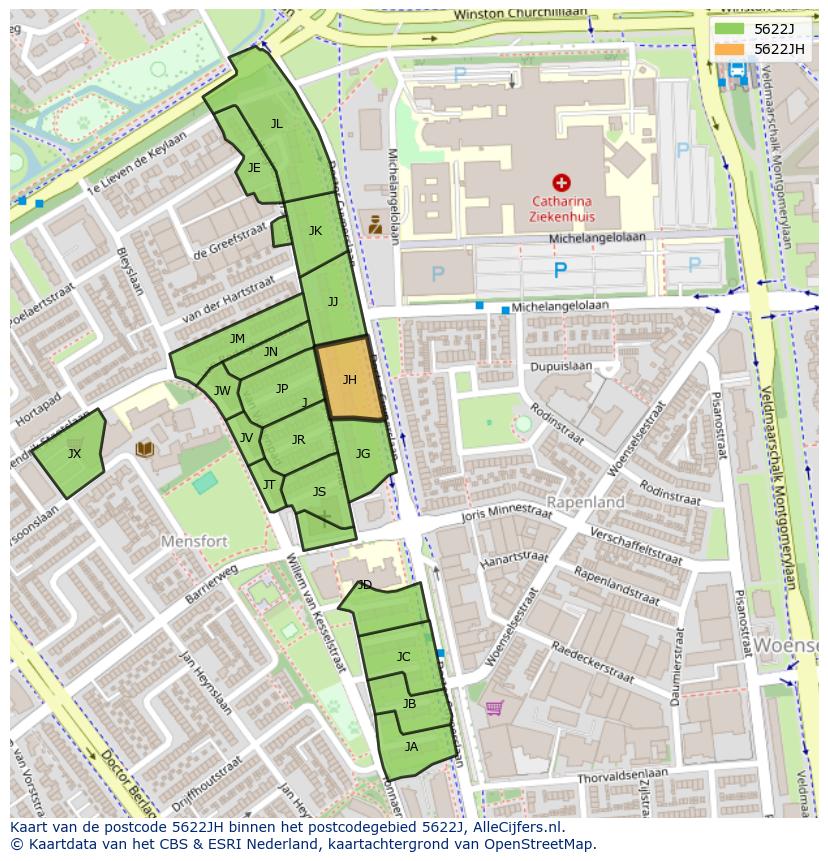 Afbeelding van het postcodegebied 5622 JH op de kaart.