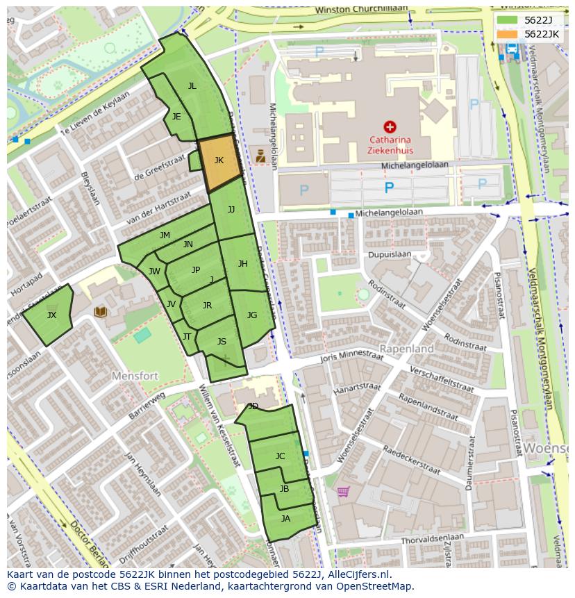 Afbeelding van het postcodegebied 5622 JK op de kaart.