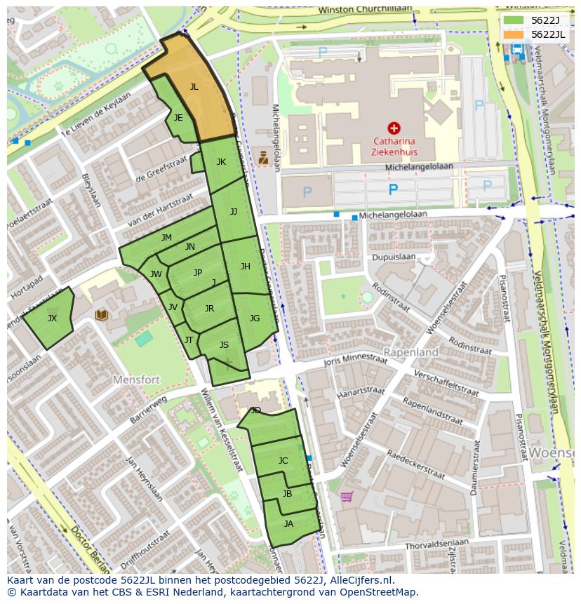 Afbeelding van het postcodegebied 5622 JL op de kaart.