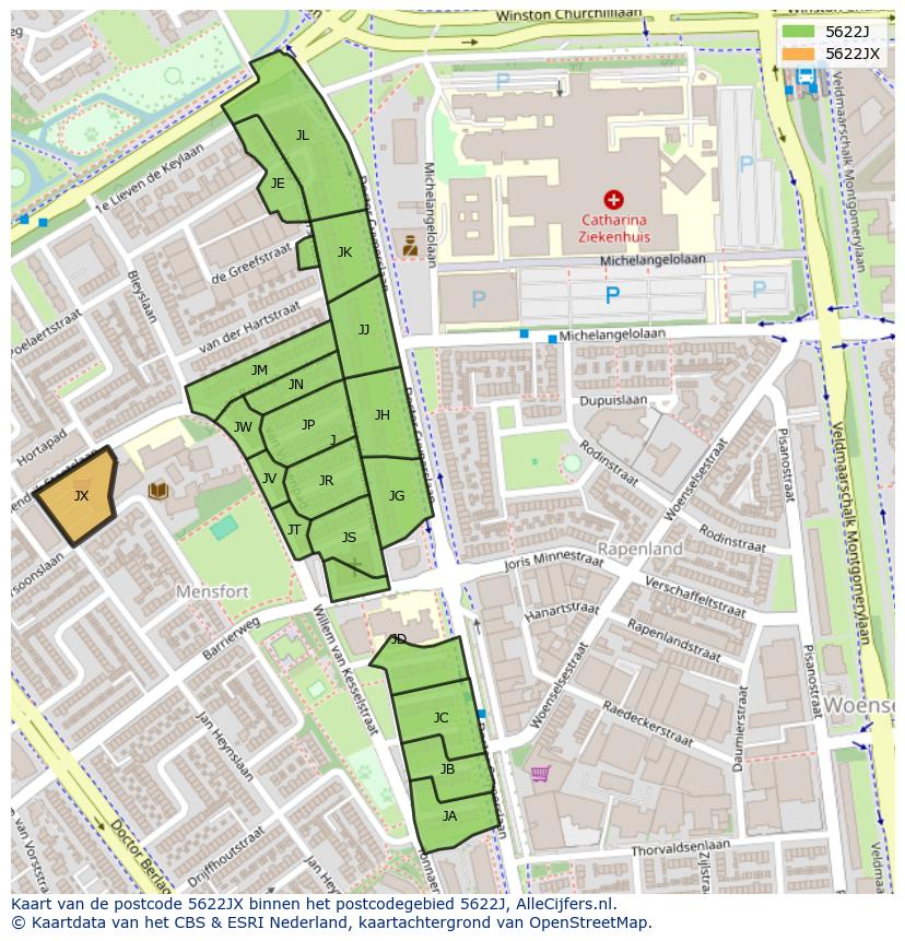 Afbeelding van het postcodegebied 5622 JX op de kaart.