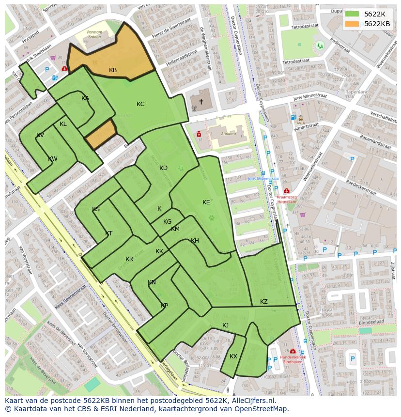 Afbeelding van het postcodegebied 5622 KB op de kaart.