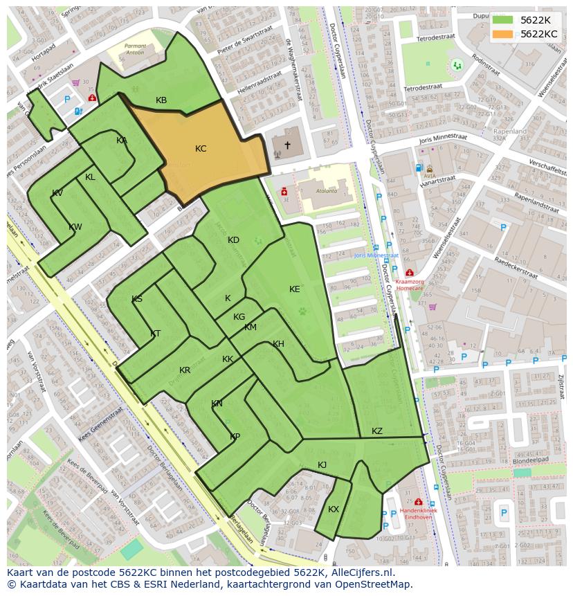 Afbeelding van het postcodegebied 5622 KC op de kaart.