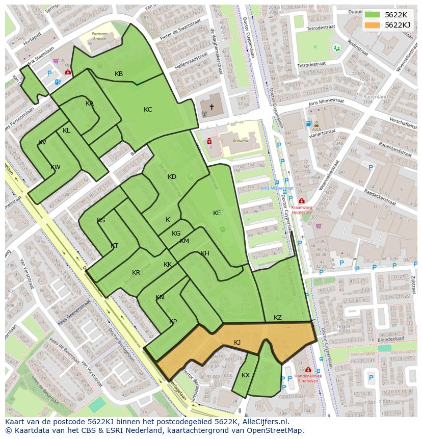 Afbeelding van het postcodegebied 5622 KJ op de kaart.