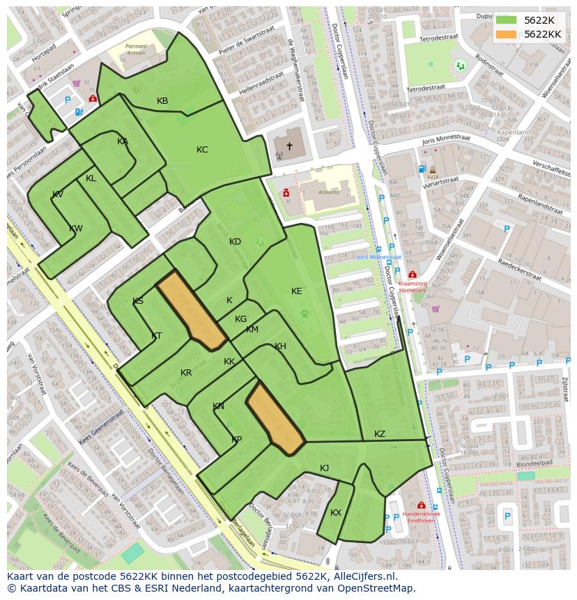 Afbeelding van het postcodegebied 5622 KK op de kaart.