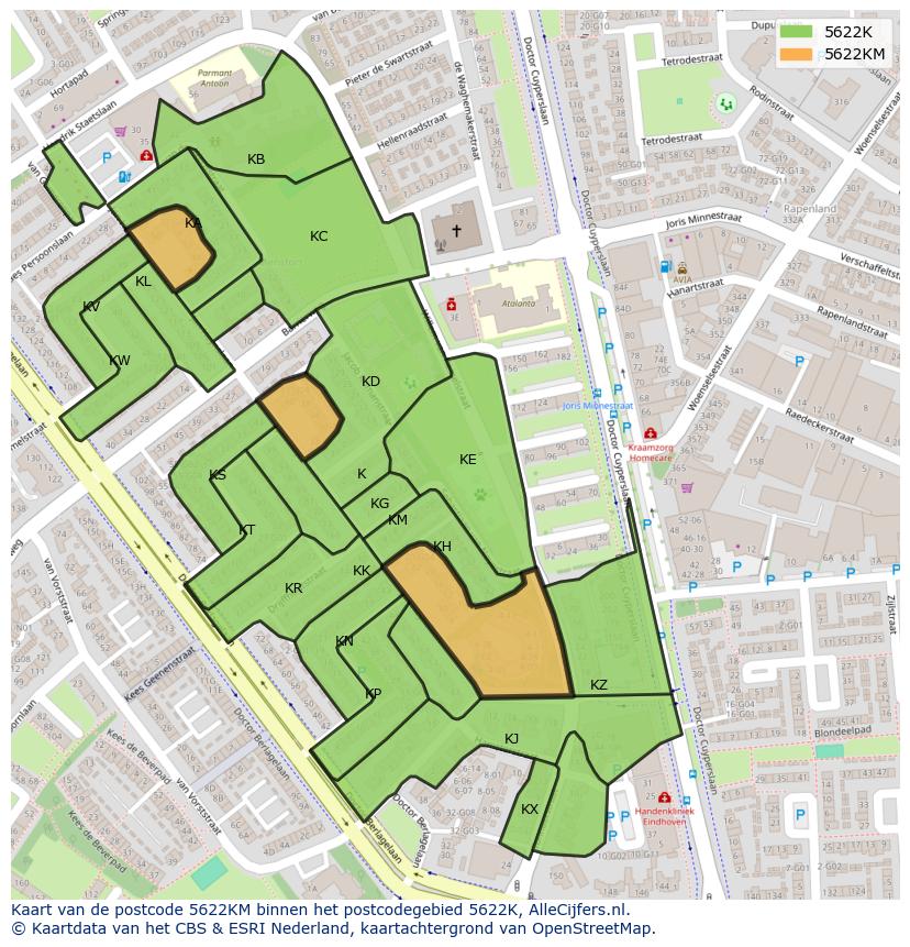 Afbeelding van het postcodegebied 5622 KM op de kaart.