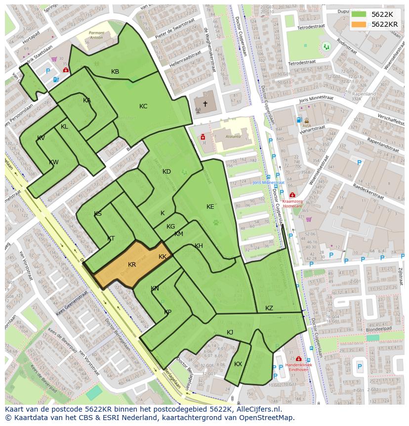 Afbeelding van het postcodegebied 5622 KR op de kaart.