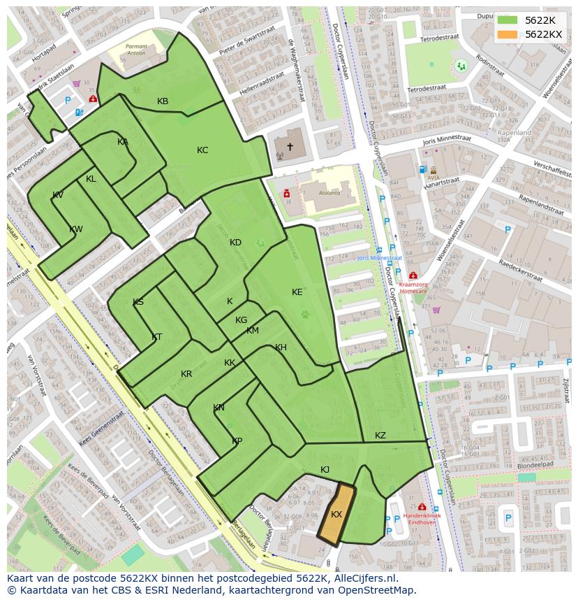 Afbeelding van het postcodegebied 5622 KX op de kaart.
