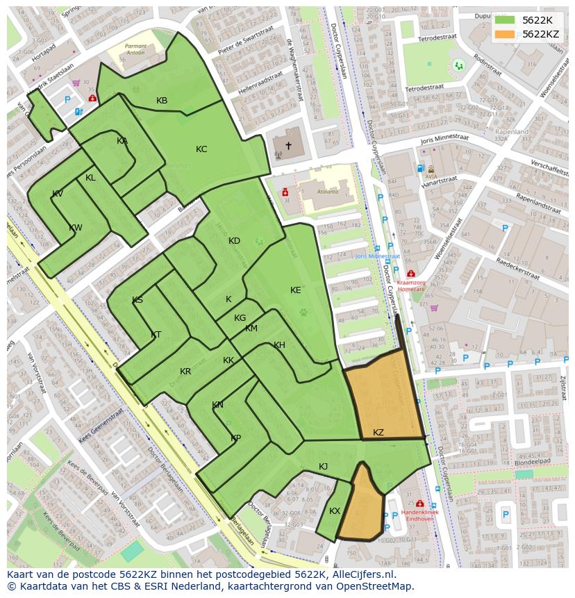 Afbeelding van het postcodegebied 5622 KZ op de kaart.