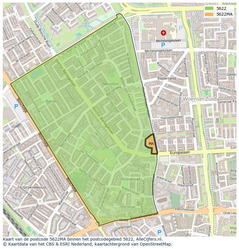 Afbeelding van het postcodegebied 5622 MA op de kaart.