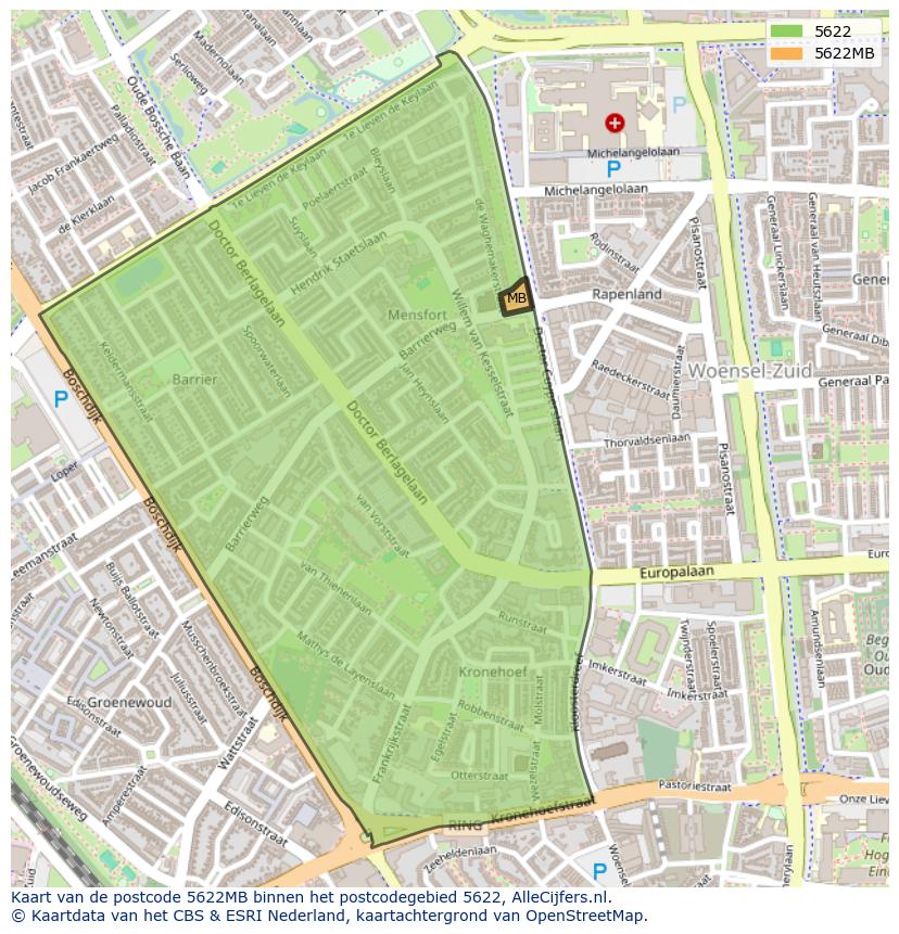 Afbeelding van het postcodegebied 5622 MB op de kaart.