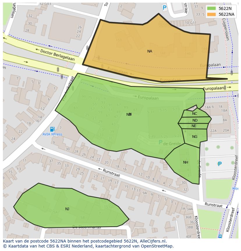 Afbeelding van het postcodegebied 5622 NA op de kaart.
