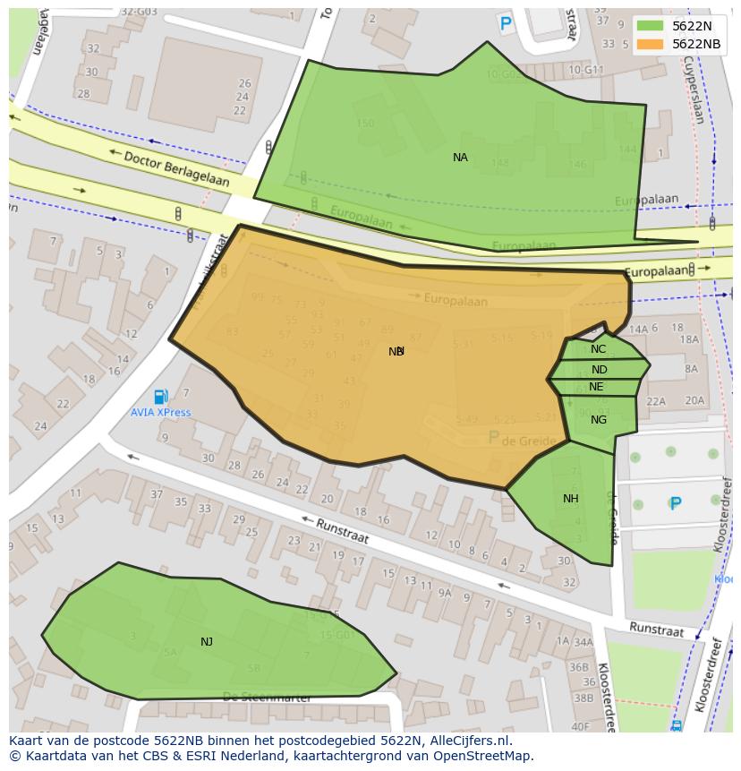 Afbeelding van het postcodegebied 5622 NB op de kaart.
