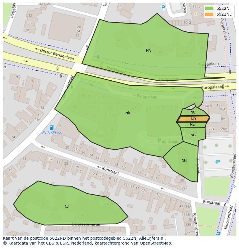 Afbeelding van het postcodegebied 5622 ND op de kaart.