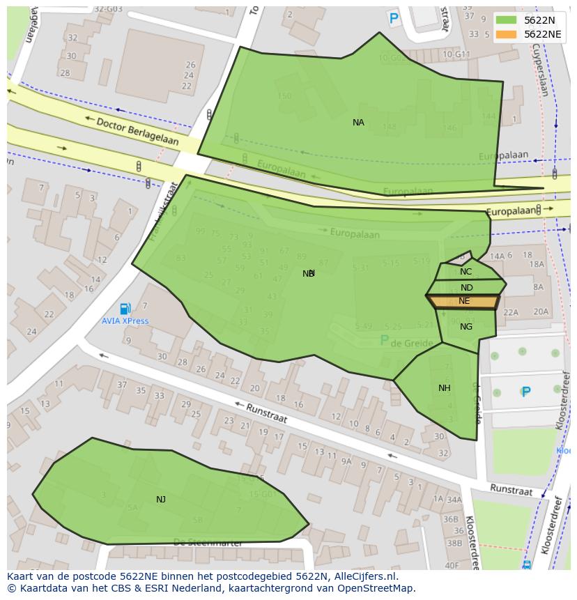 Afbeelding van het postcodegebied 5622 NE op de kaart.
