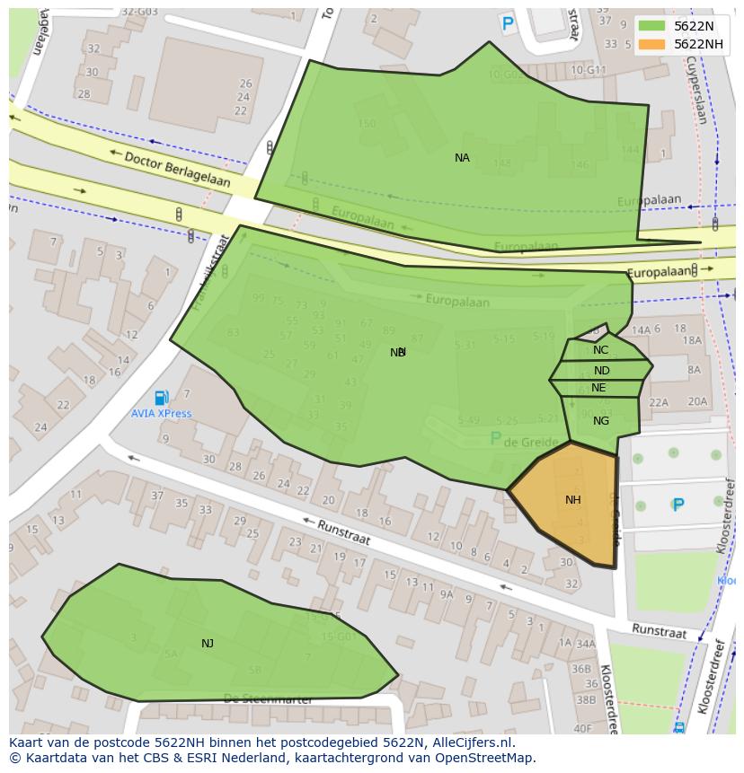 Afbeelding van het postcodegebied 5622 NH op de kaart.