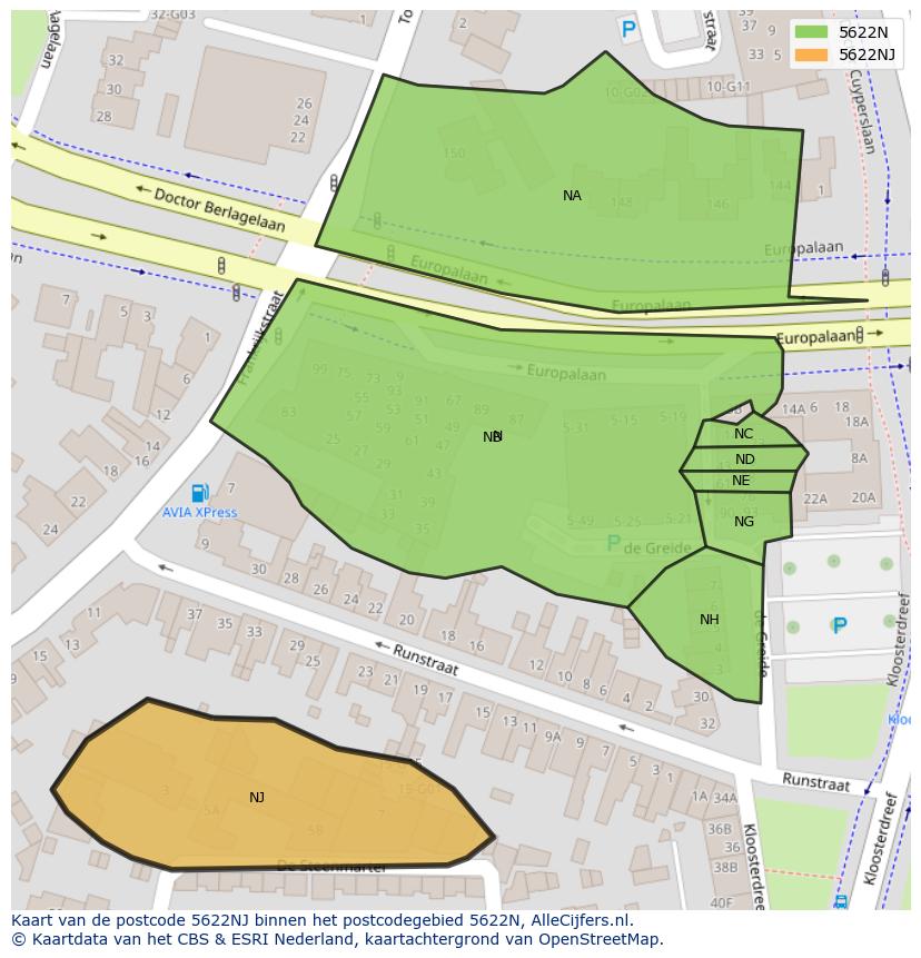 Afbeelding van het postcodegebied 5622 NJ op de kaart.
