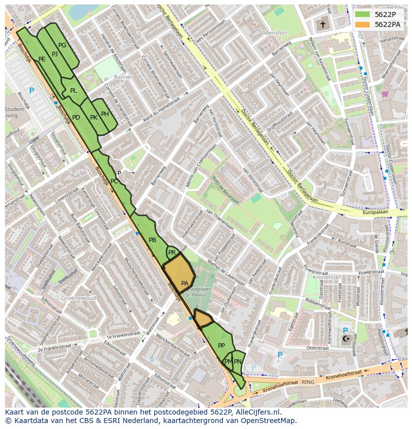 Afbeelding van het postcodegebied 5622 PA op de kaart.