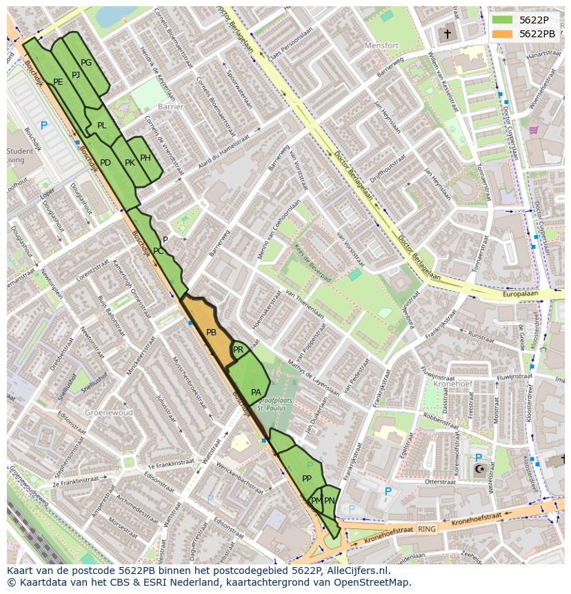 Afbeelding van het postcodegebied 5622 PB op de kaart.