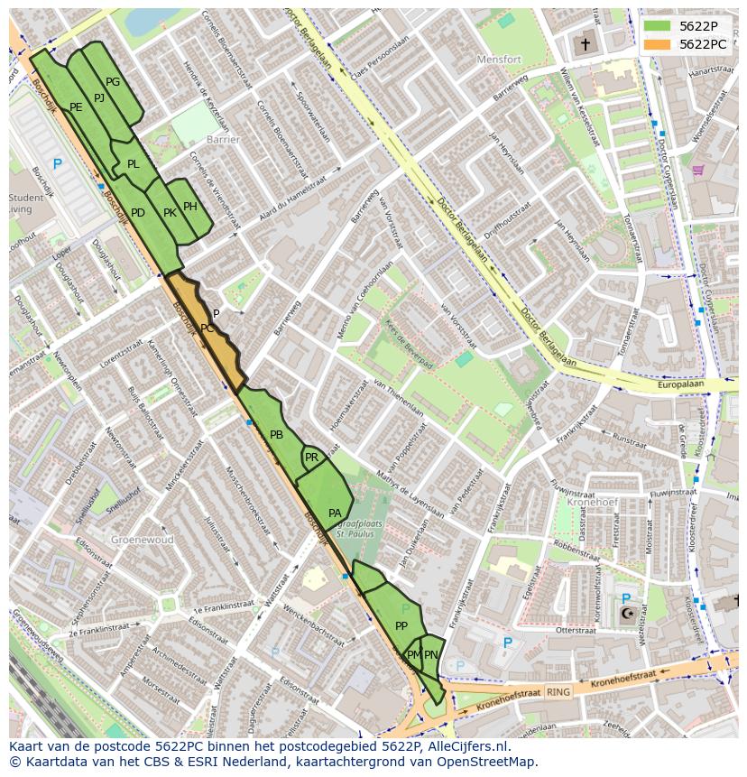 Afbeelding van het postcodegebied 5622 PC op de kaart.