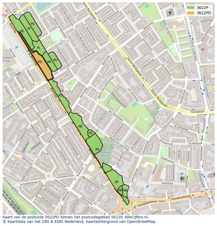 Afbeelding van het postcodegebied 5622 PD op de kaart.
