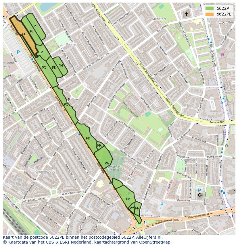 Afbeelding van het postcodegebied 5622 PE op de kaart.
