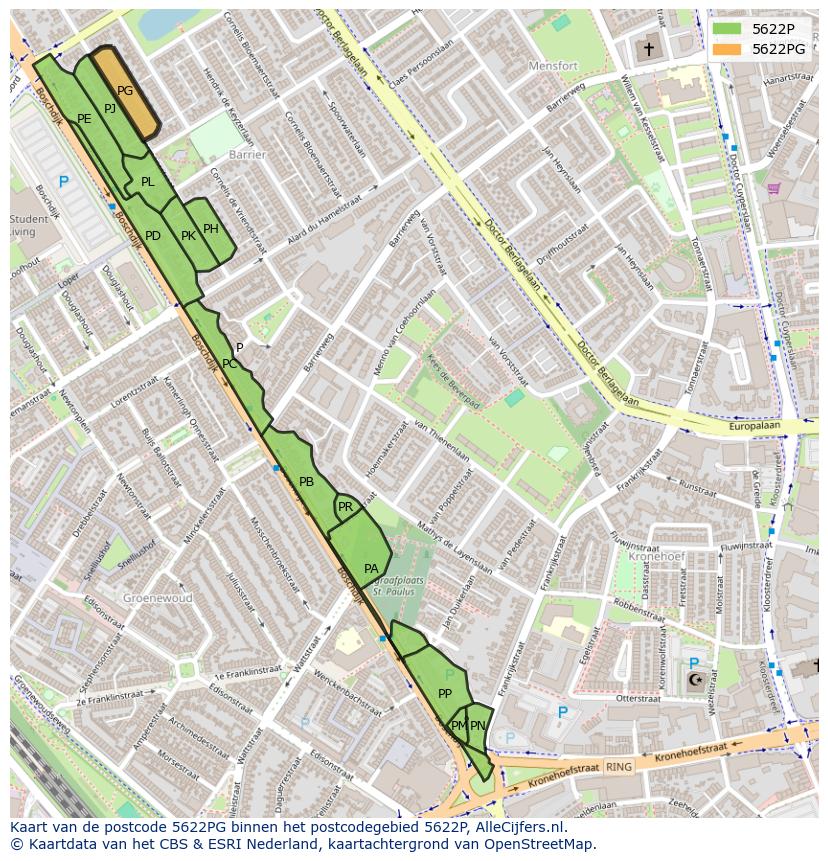 Afbeelding van het postcodegebied 5622 PG op de kaart.