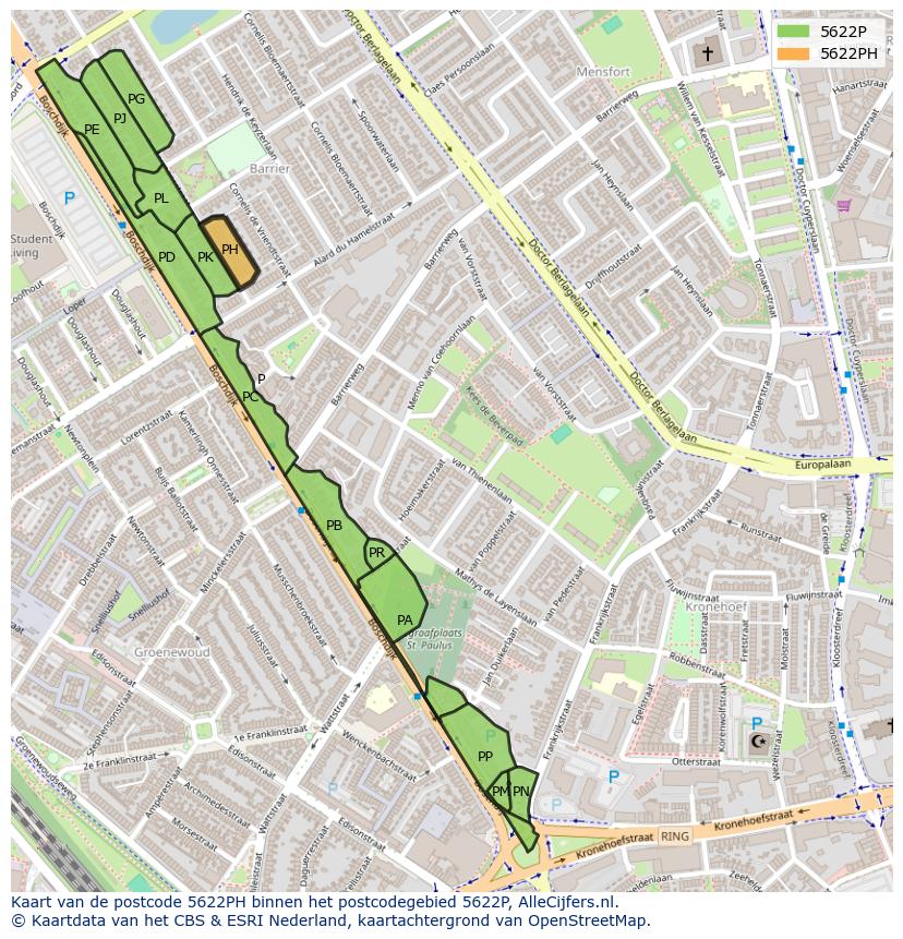 Afbeelding van het postcodegebied 5622 PH op de kaart.