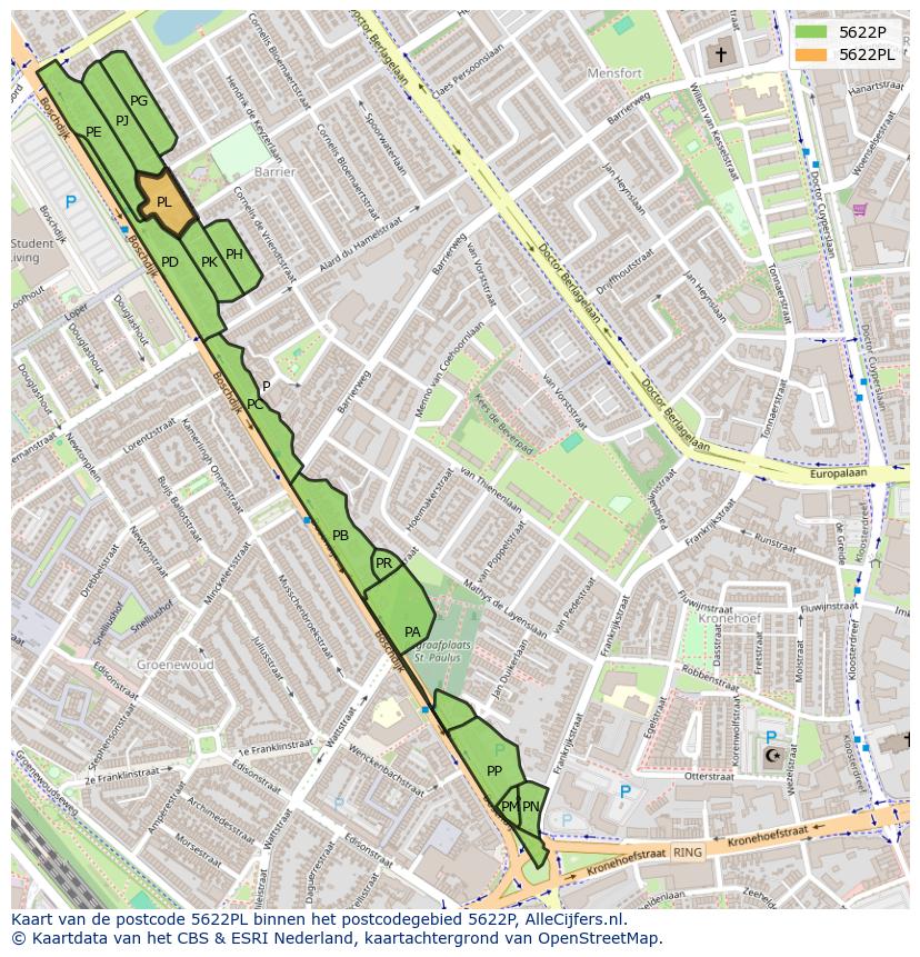 Afbeelding van het postcodegebied 5622 PL op de kaart.