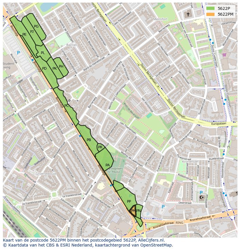 Afbeelding van het postcodegebied 5622 PM op de kaart.