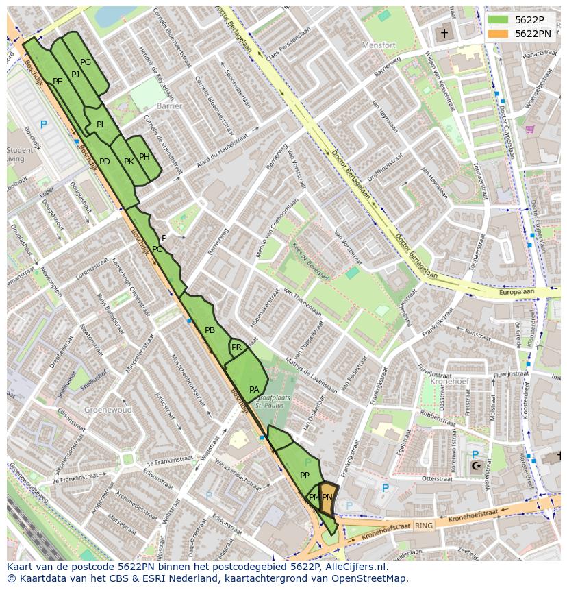 Afbeelding van het postcodegebied 5622 PN op de kaart.