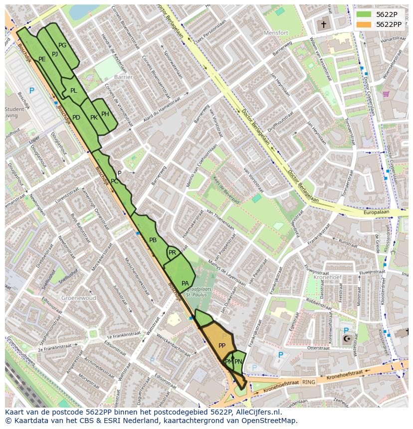 Afbeelding van het postcodegebied 5622 PP op de kaart.