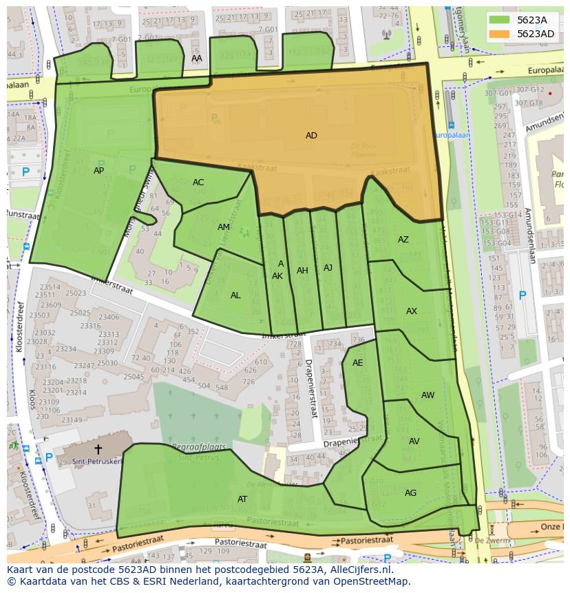 Afbeelding van het postcodegebied 5623 AD op de kaart.