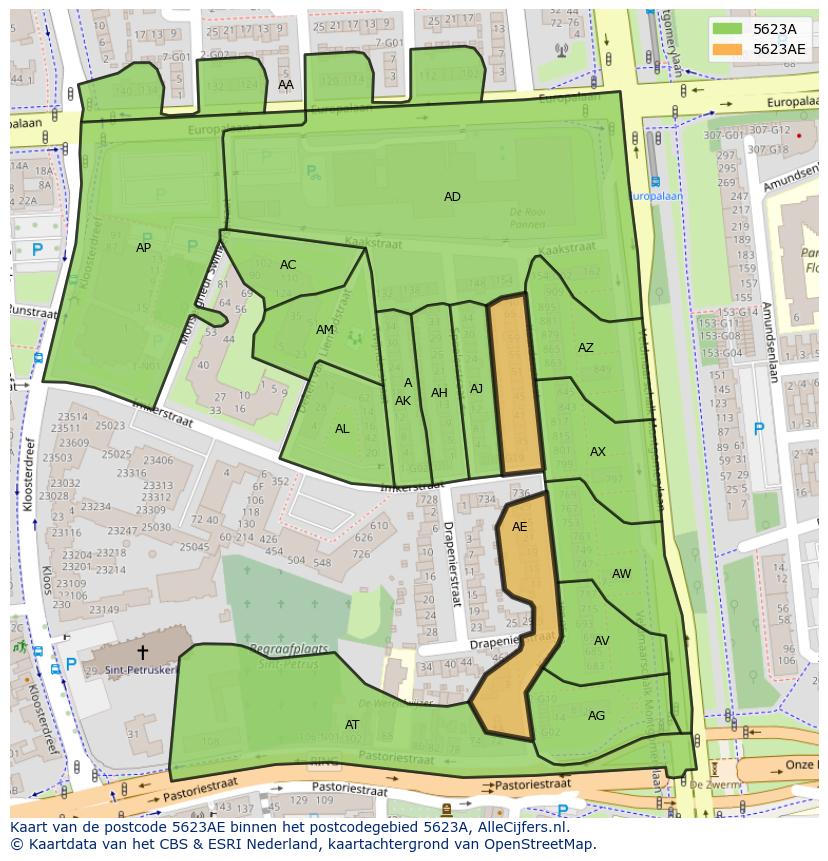 Afbeelding van het postcodegebied 5623 AE op de kaart.