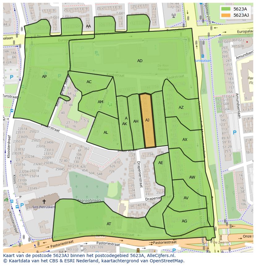 Afbeelding van het postcodegebied 5623 AJ op de kaart.