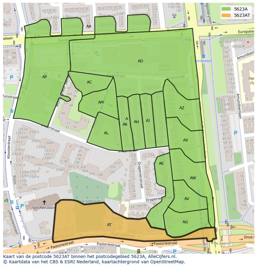 Afbeelding van het postcodegebied 5623 AT op de kaart.
