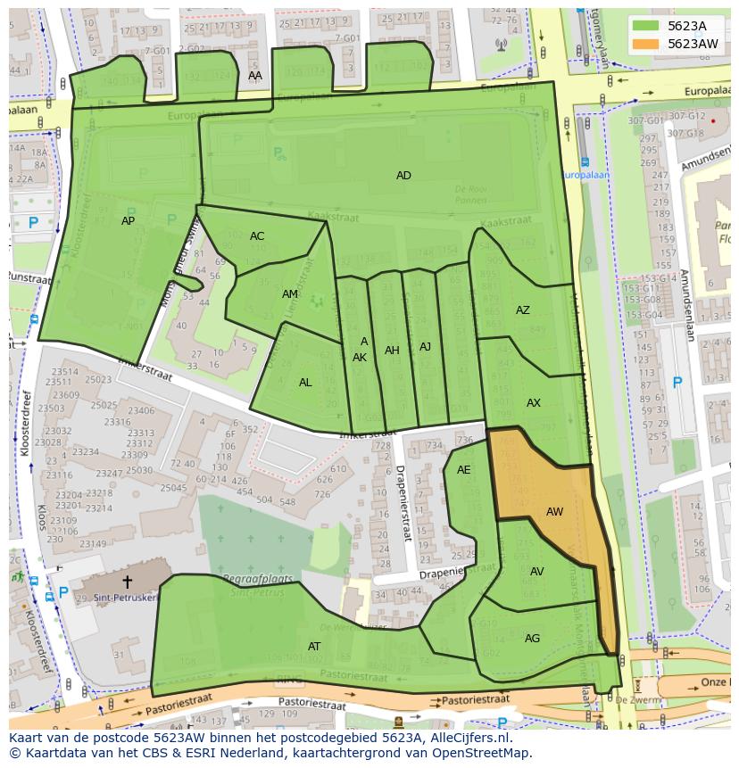 Afbeelding van het postcodegebied 5623 AW op de kaart.