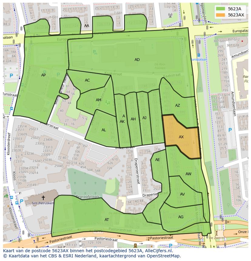 Afbeelding van het postcodegebied 5623 AX op de kaart.