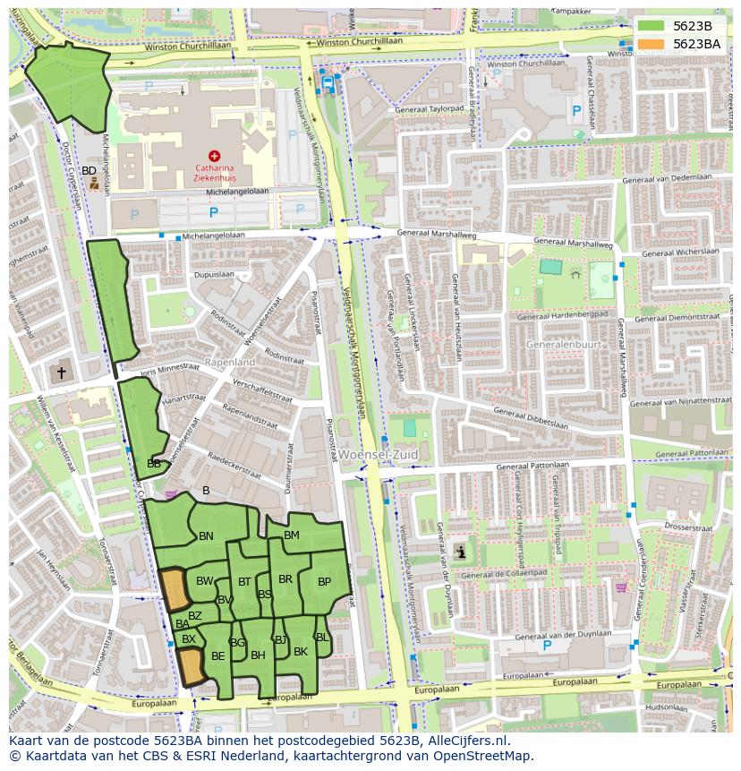 Afbeelding van het postcodegebied 5623 BA op de kaart.
