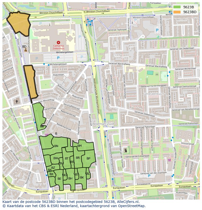 Afbeelding van het postcodegebied 5623 BD op de kaart.