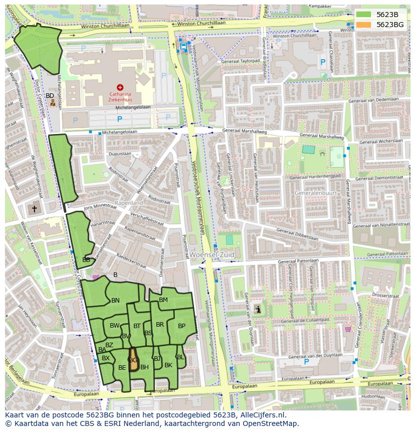 Afbeelding van het postcodegebied 5623 BG op de kaart.