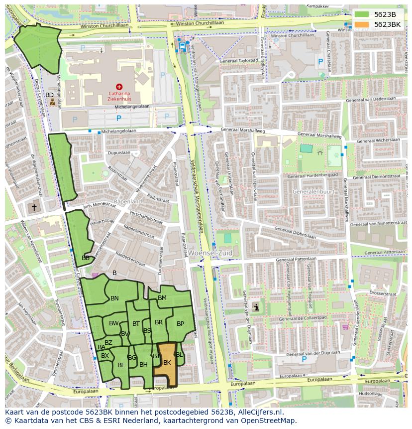 Afbeelding van het postcodegebied 5623 BK op de kaart.