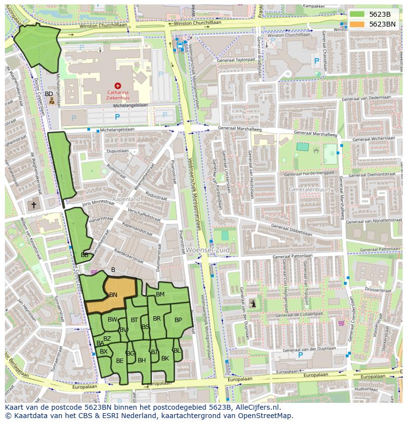 Afbeelding van het postcodegebied 5623 BN op de kaart.