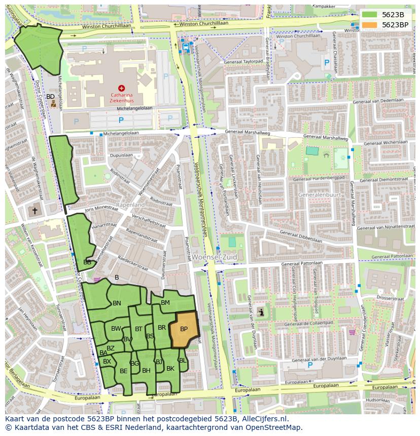 Afbeelding van het postcodegebied 5623 BP op de kaart.