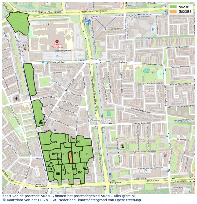 Afbeelding van het postcodegebied 5623 BS op de kaart.