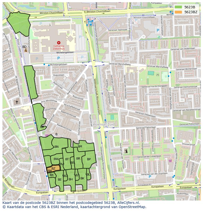 Afbeelding van het postcodegebied 5623 BZ op de kaart.